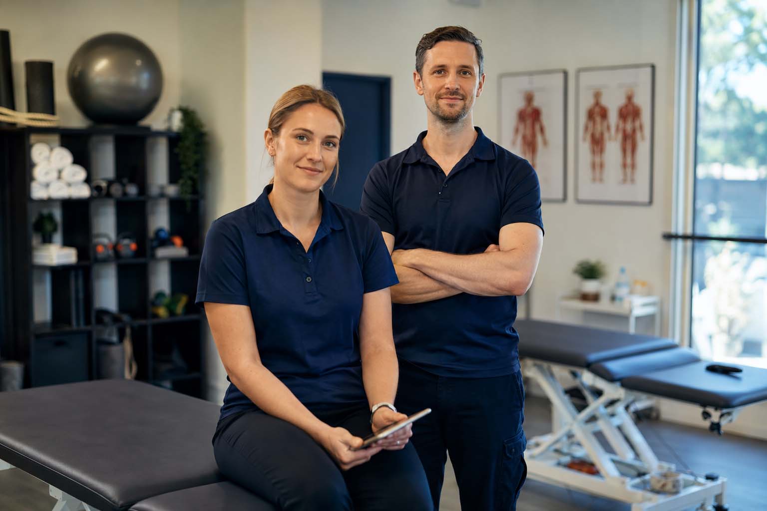 Professional physiotherapy team in a treatment room with clinic equipment visible