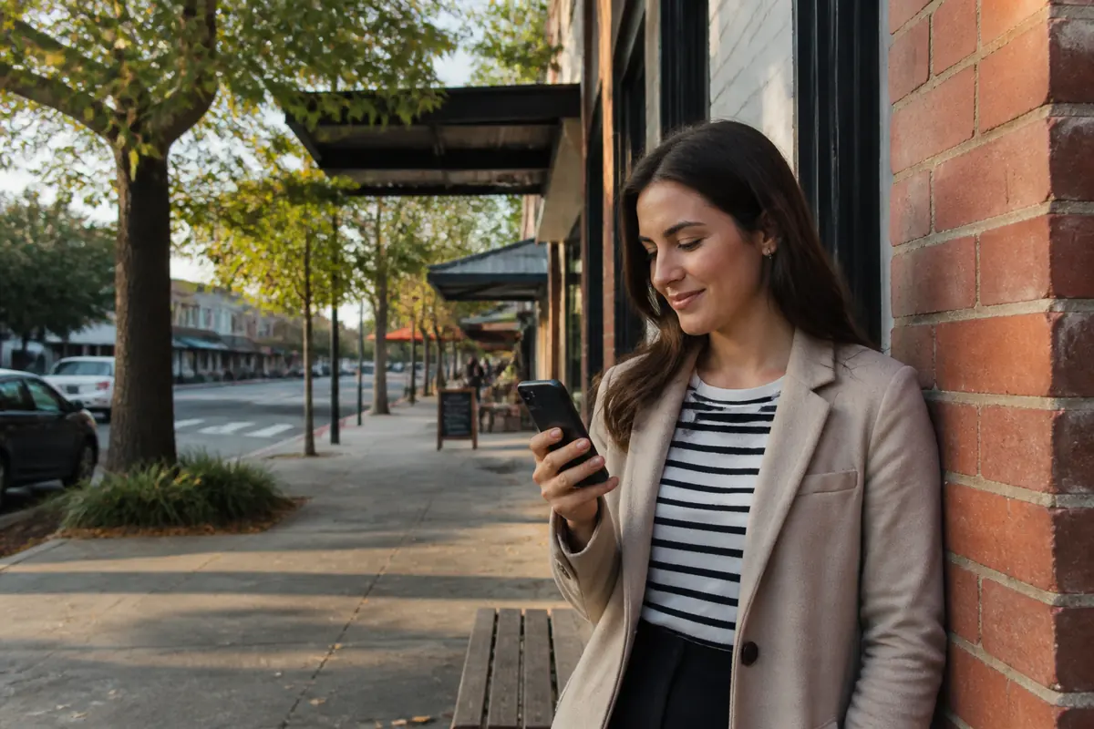 Professional woman using her phone outdoors in Albury, Melbourne