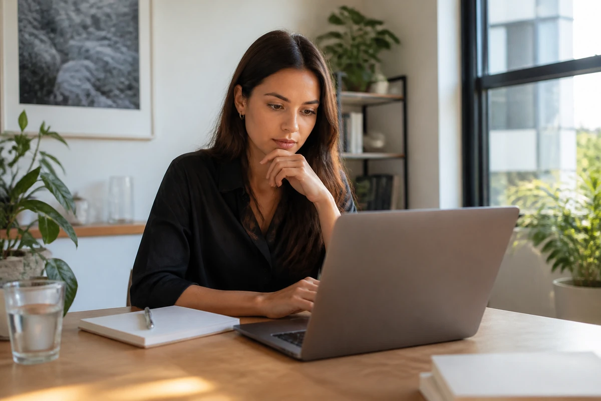 Young businesswoman comparing an SEO audit and monthly SEO services on a laptop