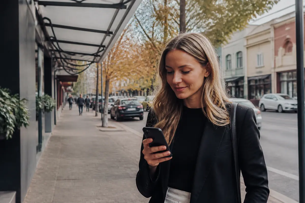 Professional woman using her phone outdoors in Bendigo, Melbourne