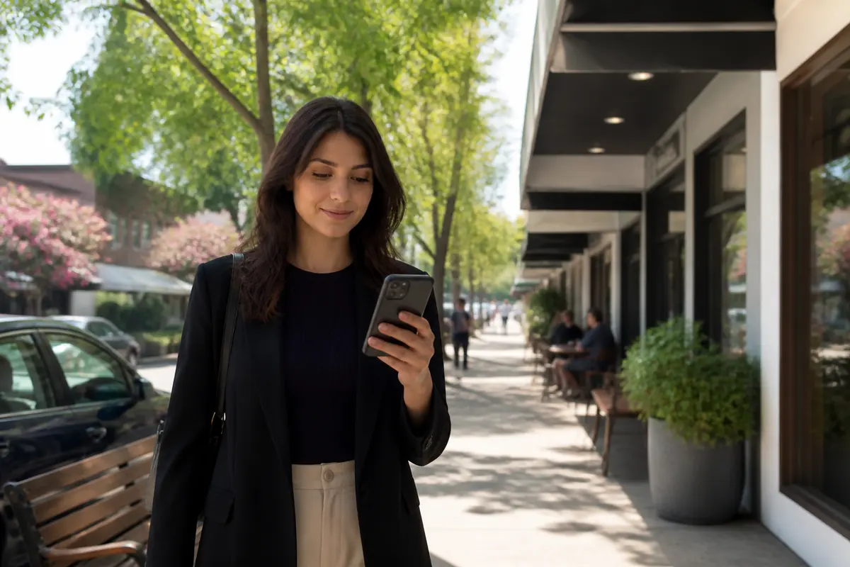 Professional woman using her phone outdoors in Blacktown, Melbourne