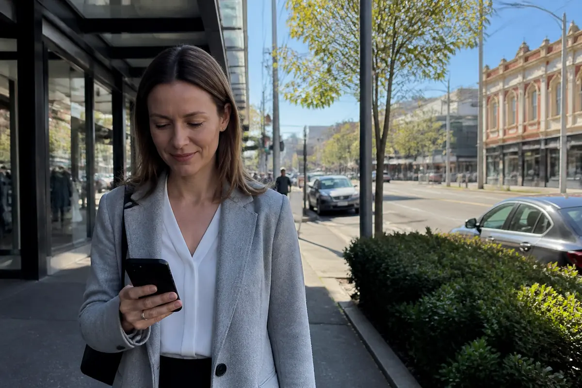 Professional woman using her phone outdoors in Bondi Junction, Melbourne