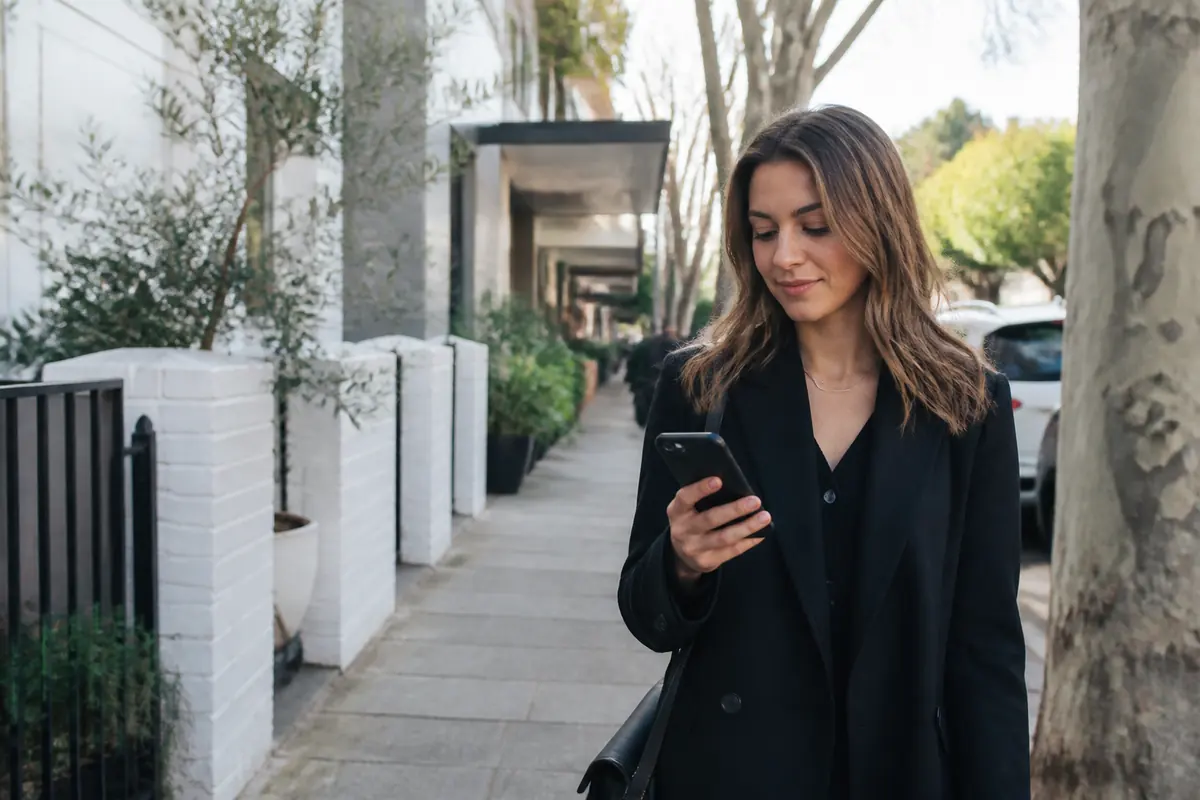 Professional woman using her phone outdoors in Bondi, Melbourne