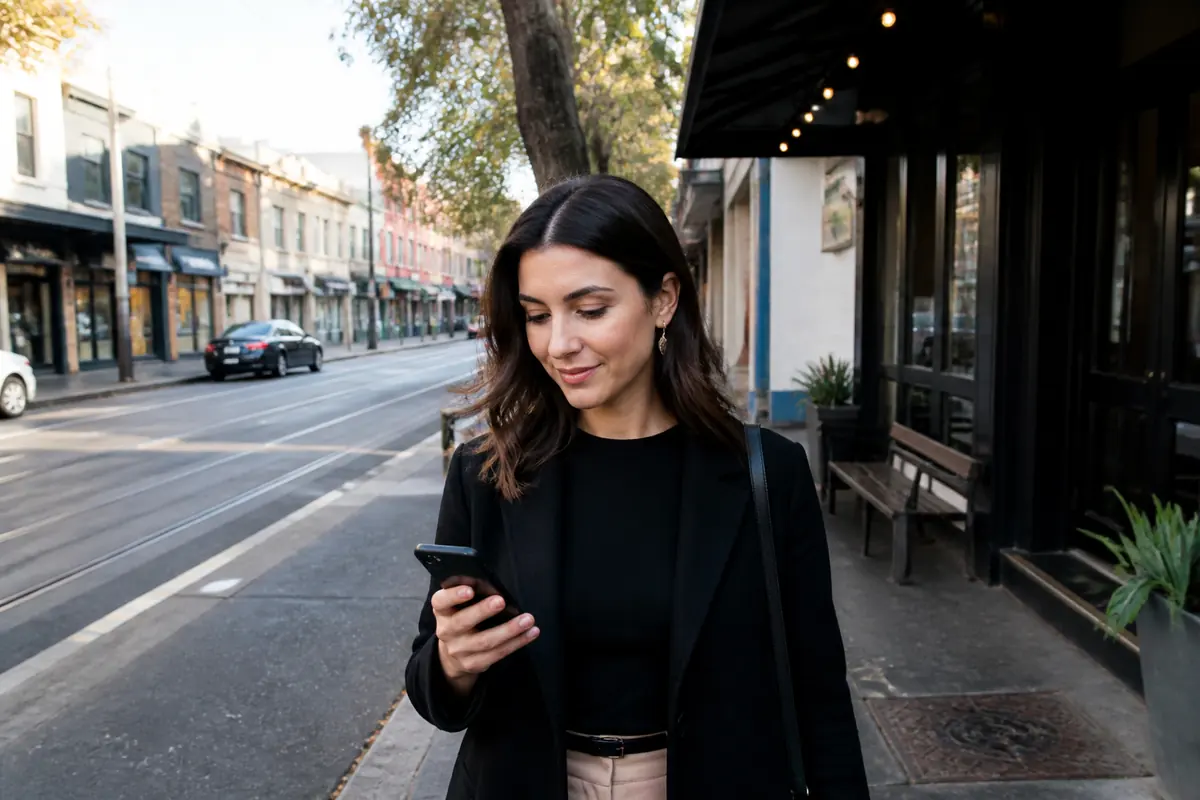 Professional woman using her phone outdoors in Brunswick, Melbourne