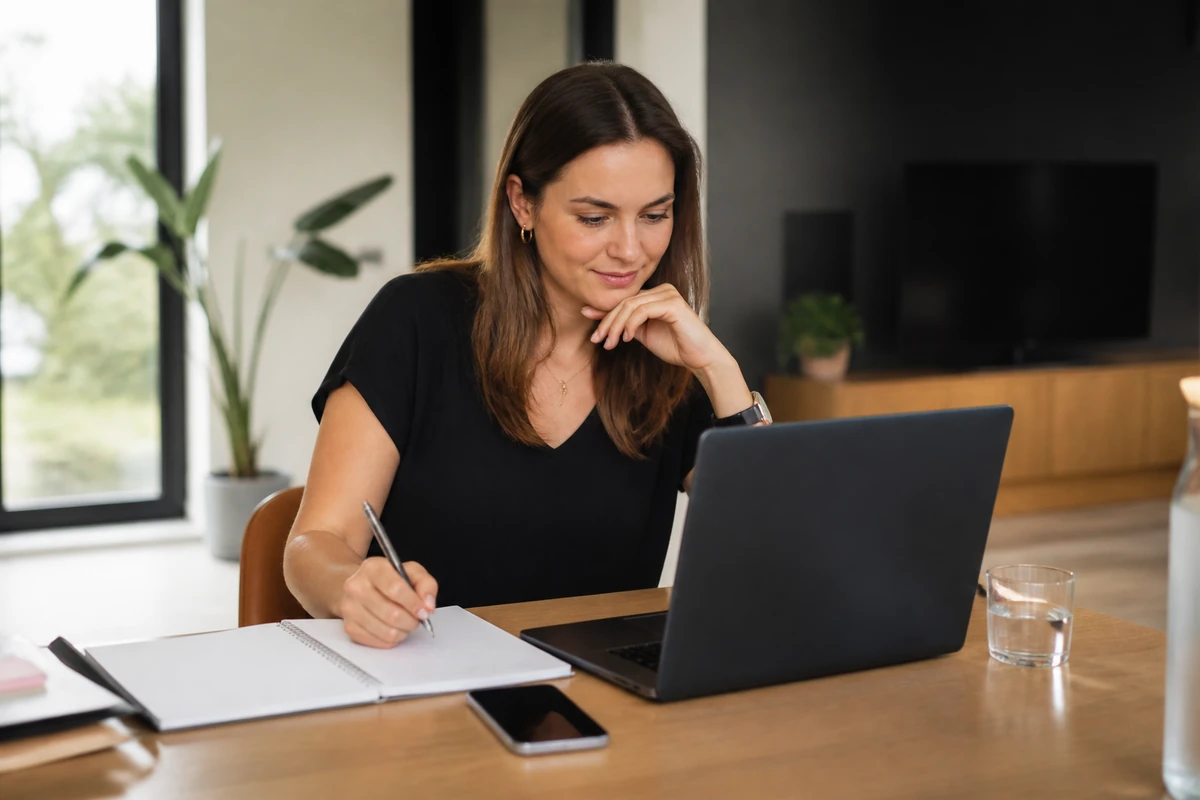 Young service business owner planning an SEO budget on a laptop in a modern office