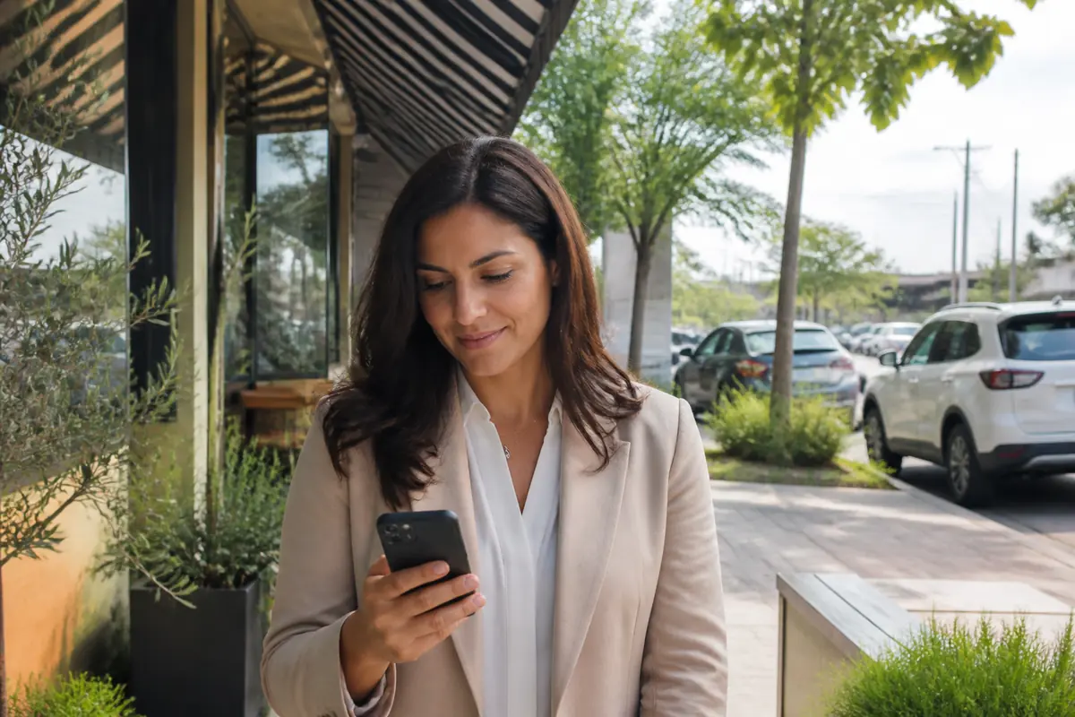 Professional woman using her phone outdoors in Caringbah, Melbourne