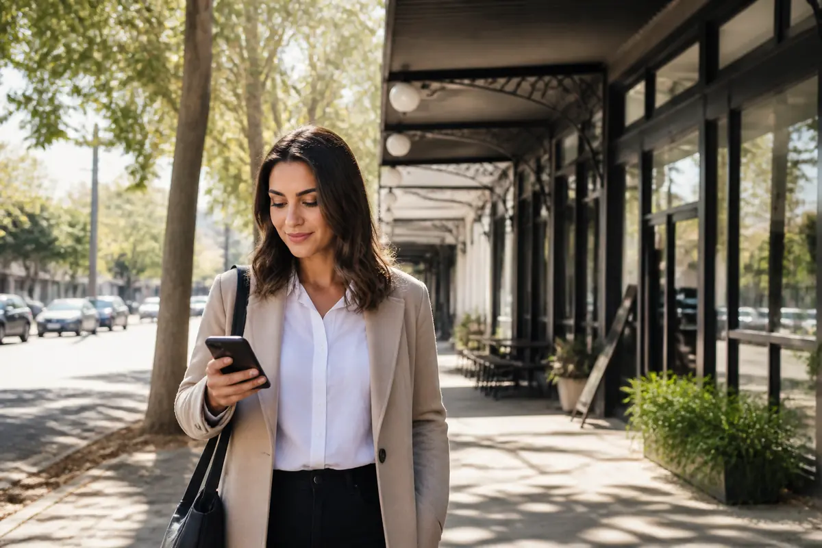 Professional woman using her phone outdoors in Chatswood, Melbourne