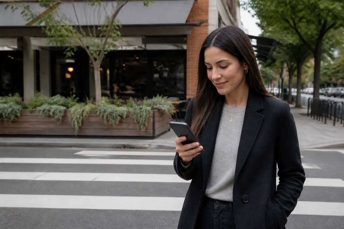 Professional woman using her phone outdoors in Collingwood, Melbourne