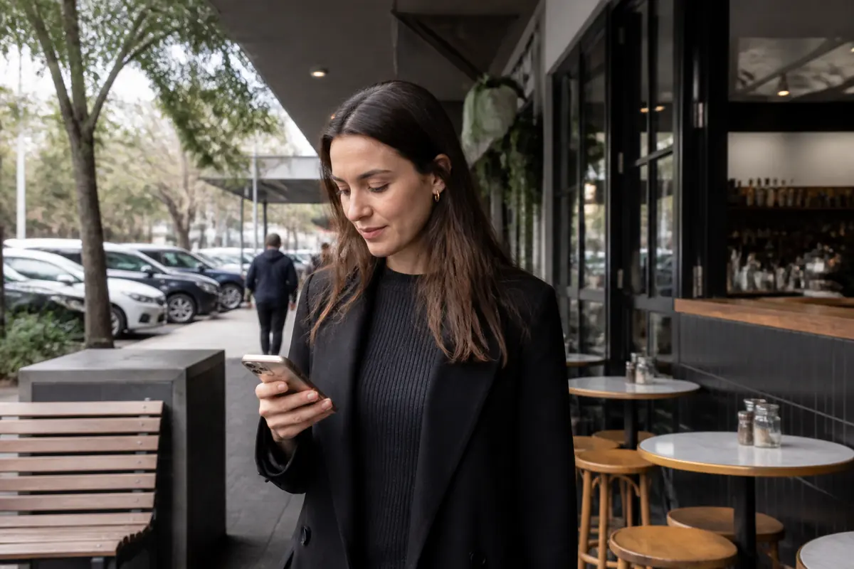 Professional woman using her phone outdoors in Cronulla, Melbourne