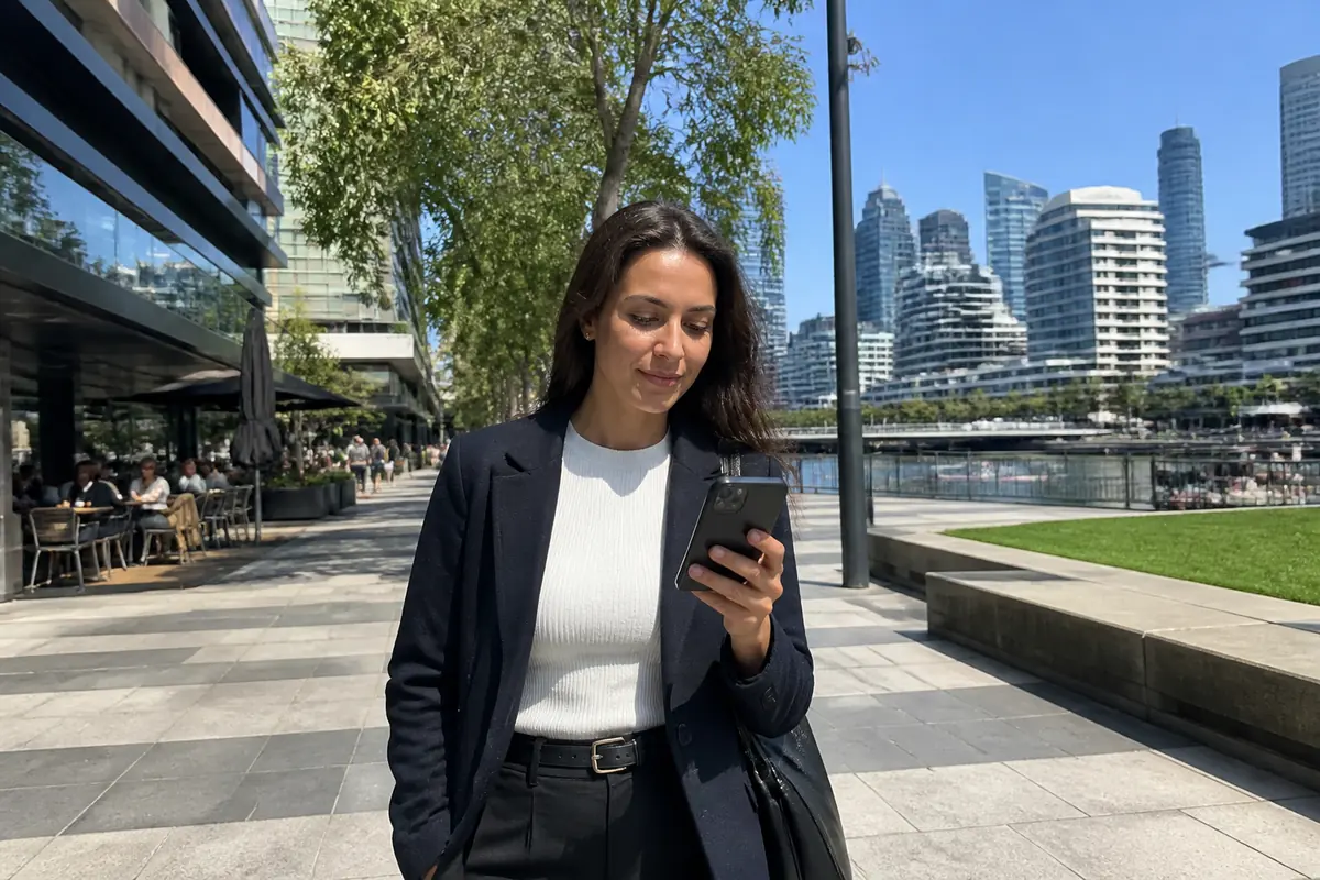 Professional woman using her phone outdoors in Docklands, Melbourne