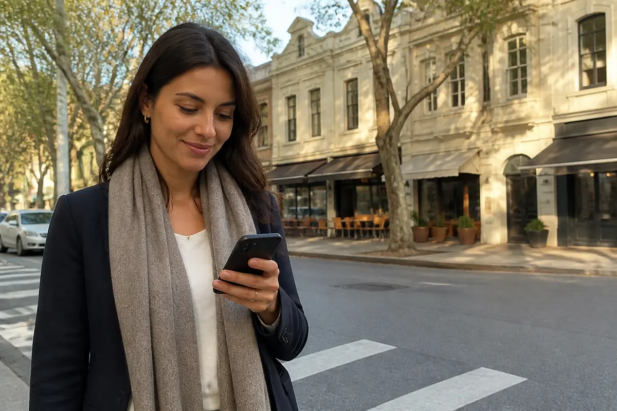 Professional woman using her phone outdoors in Double Bay, Melbourne