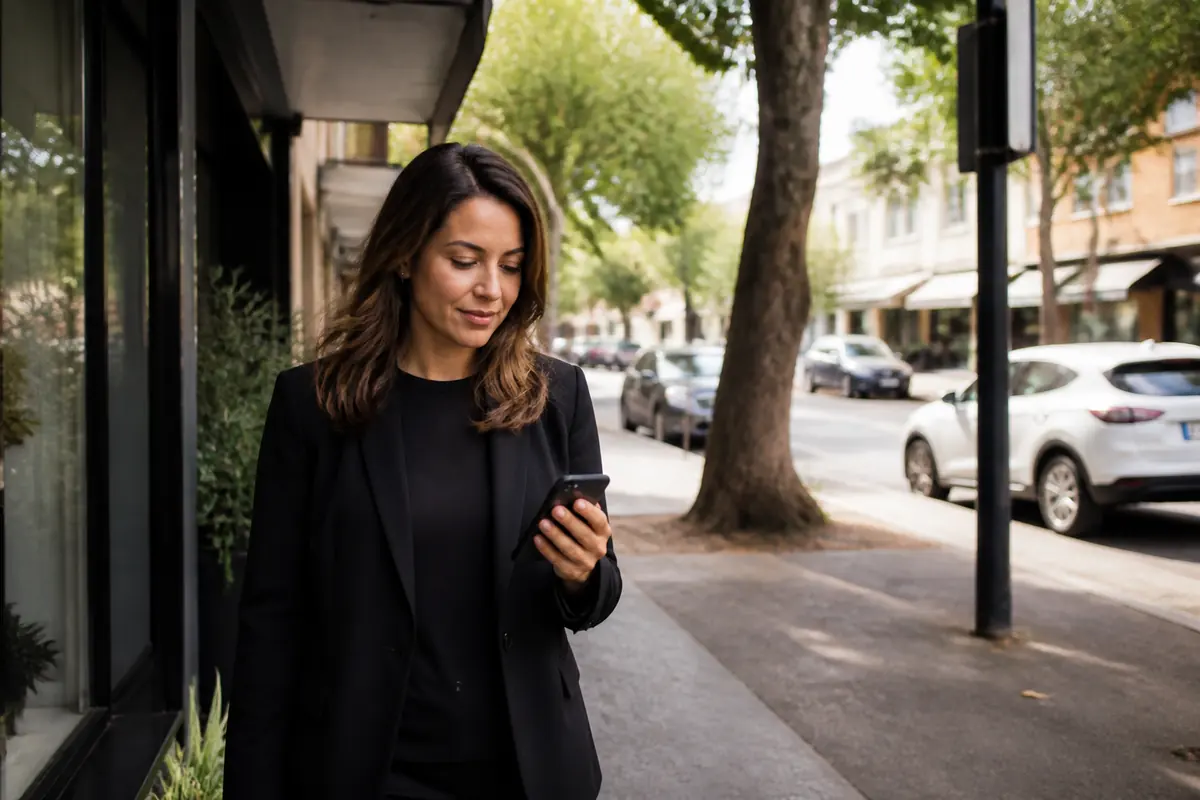 Professional woman using her phone outdoors in Eastern Suburbs Sydney, Melbourne
