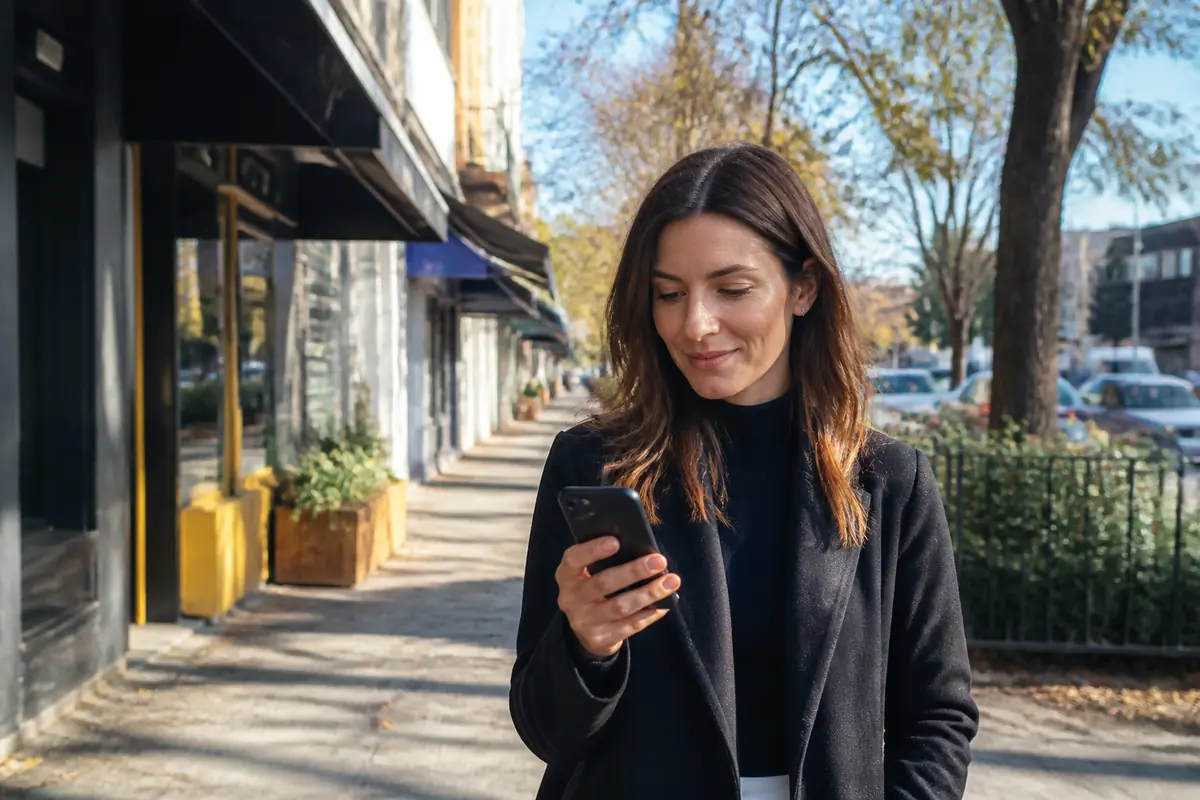 Professional woman using her phone outdoors in Essendon, Melbourne