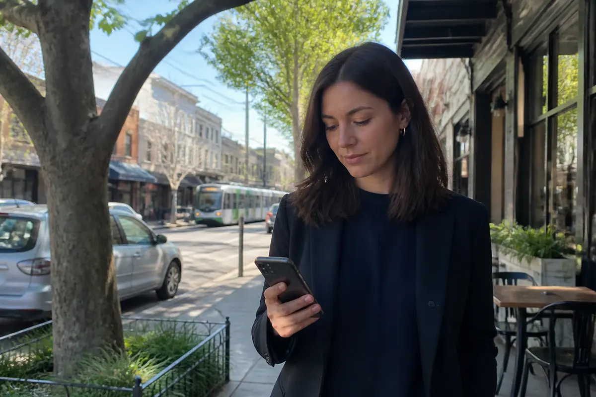 Professional woman using her phone outdoors in Fitzroy, Melbourne