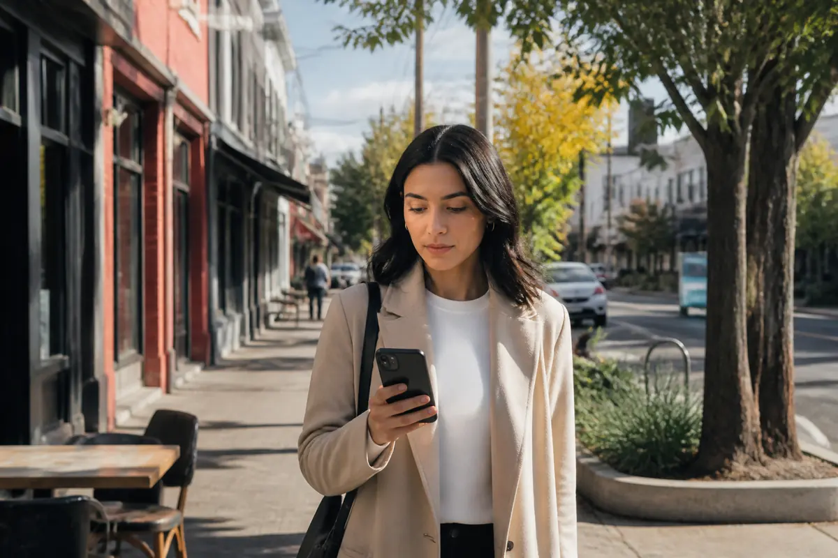 Professional woman using her phone outdoors in Footscray, Melbourne