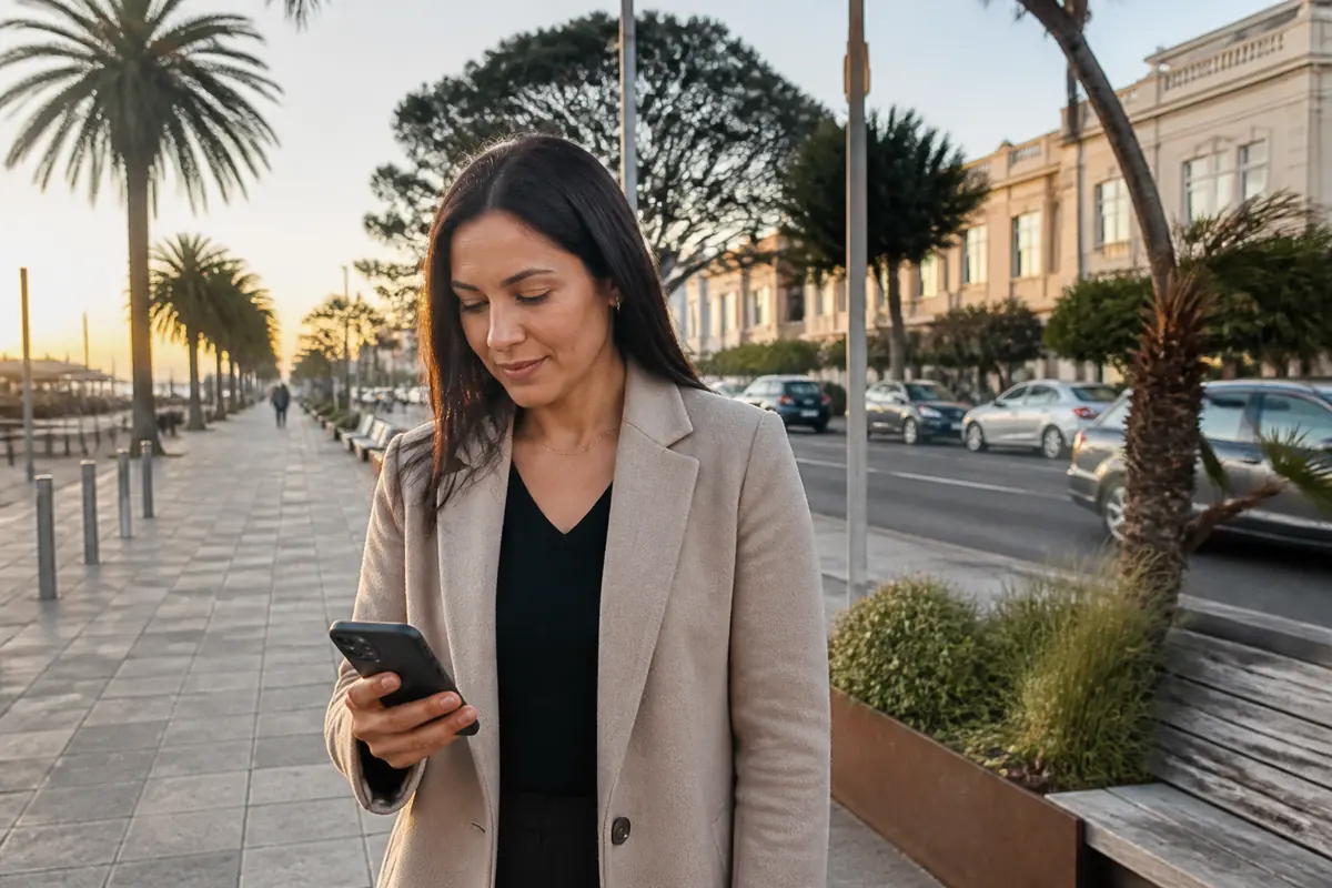 Professional woman using her phone outdoors in Frankston, Melbourne