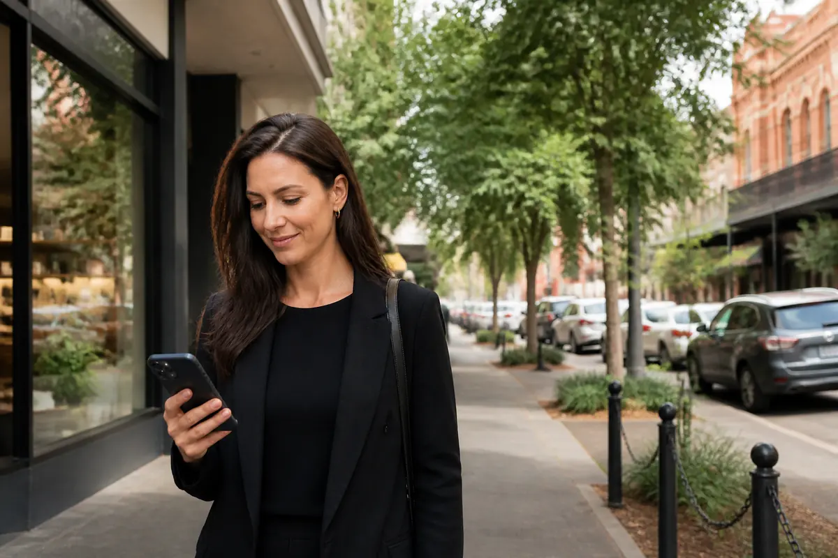 Professional woman using her phone outdoors in Hornsby, Melbourne