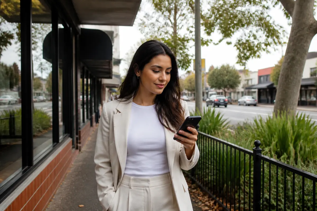 Professional woman using her phone outdoors in Liverpool, Melbourne