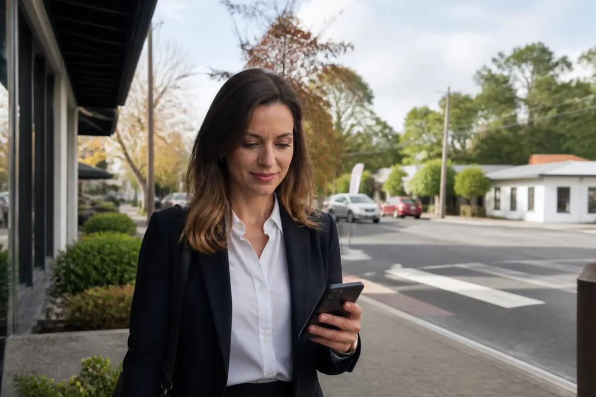 Professional woman using her phone outdoors in Macedon, Melbourne