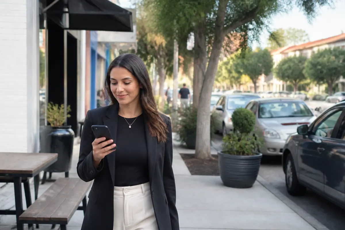 Professional woman using her phone outdoors in Maroubra, Melbourne