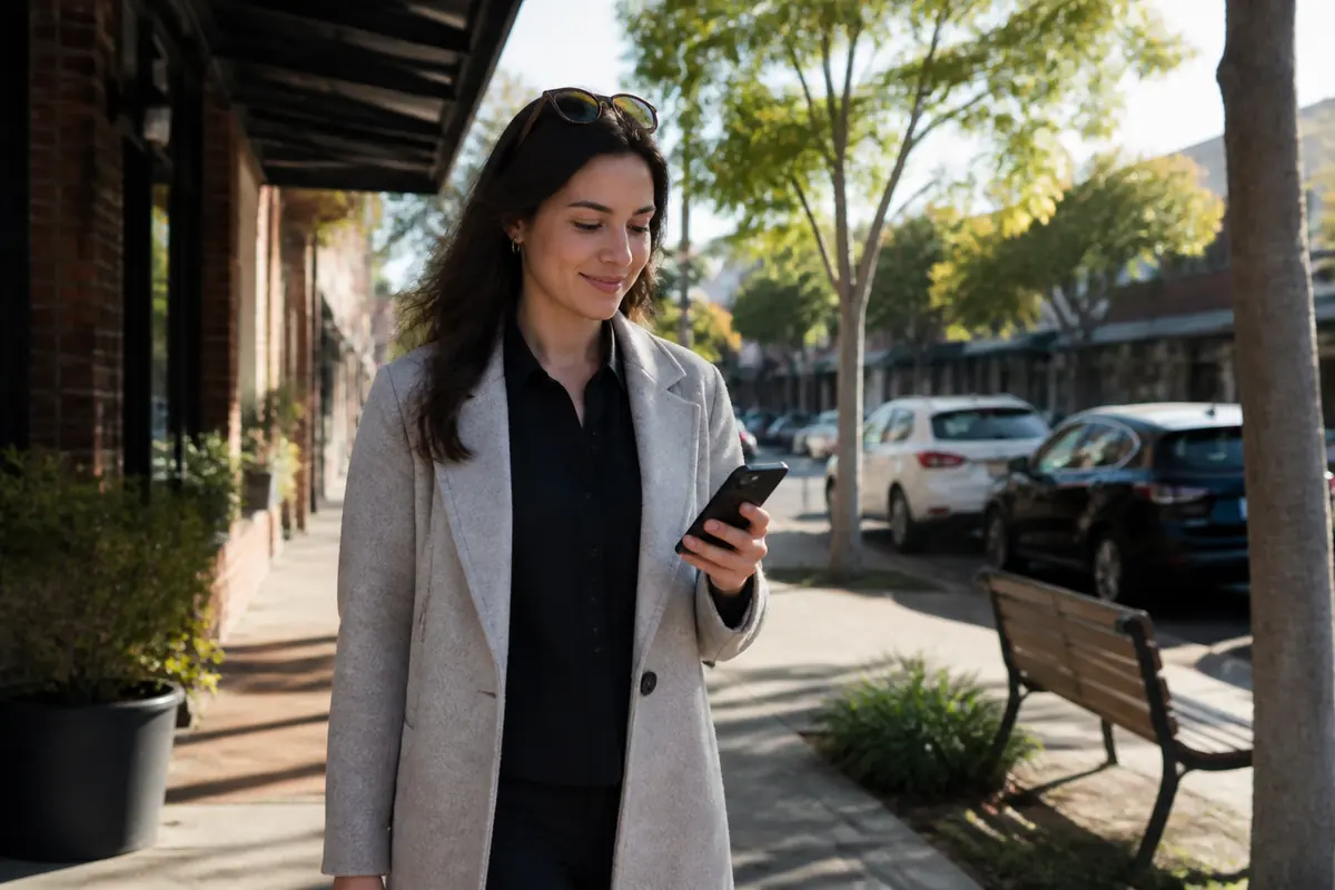 Professional woman using her phone outdoors in Miranda, Melbourne