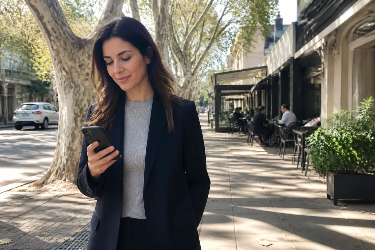 Professional woman using her phone outdoors in Moonee Ponds, Melbourne