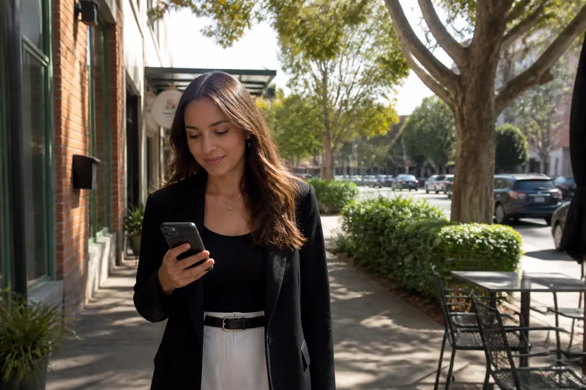 Professional woman using her phone outdoors in Neutral Bay, Melbourne
