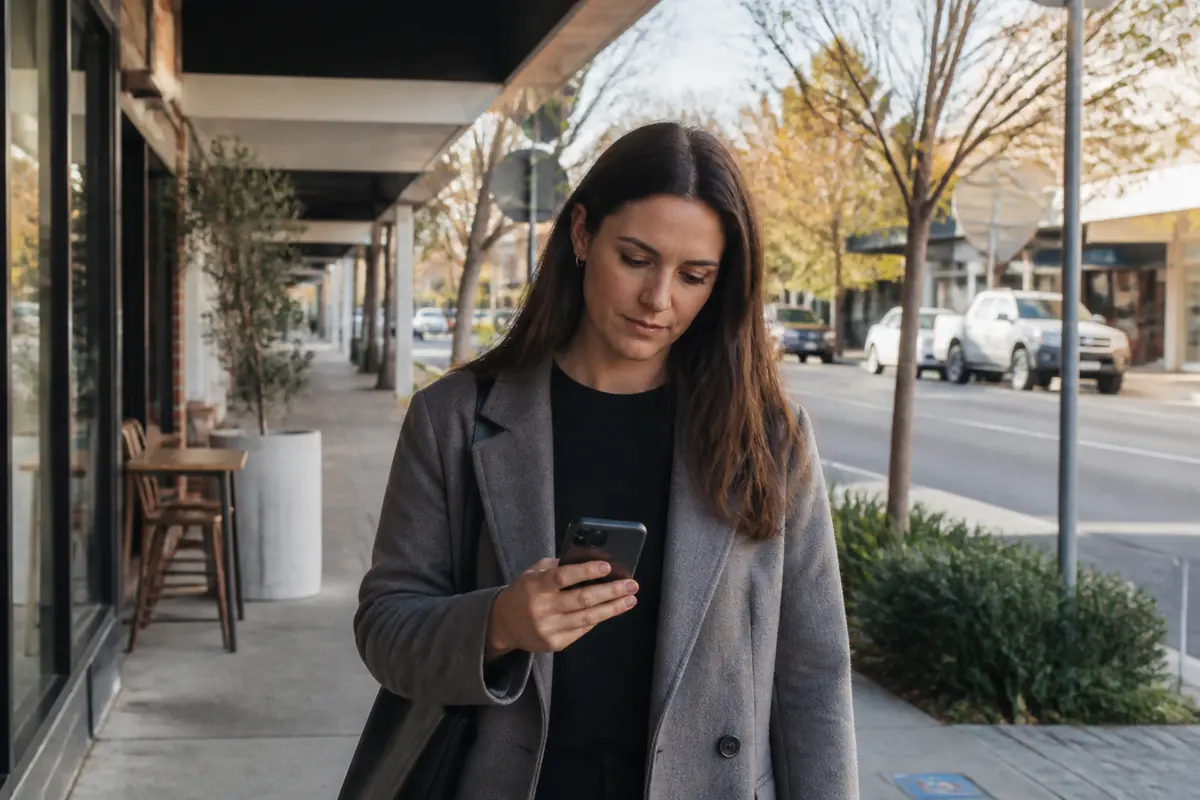 Professional woman using her phone outdoors in North Albury, Melbourne