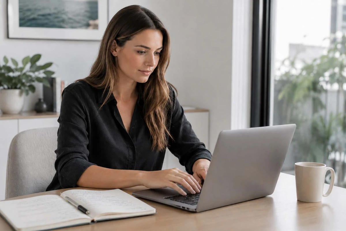 Young woman reviewing SEO package inclusions on a laptop at a desk