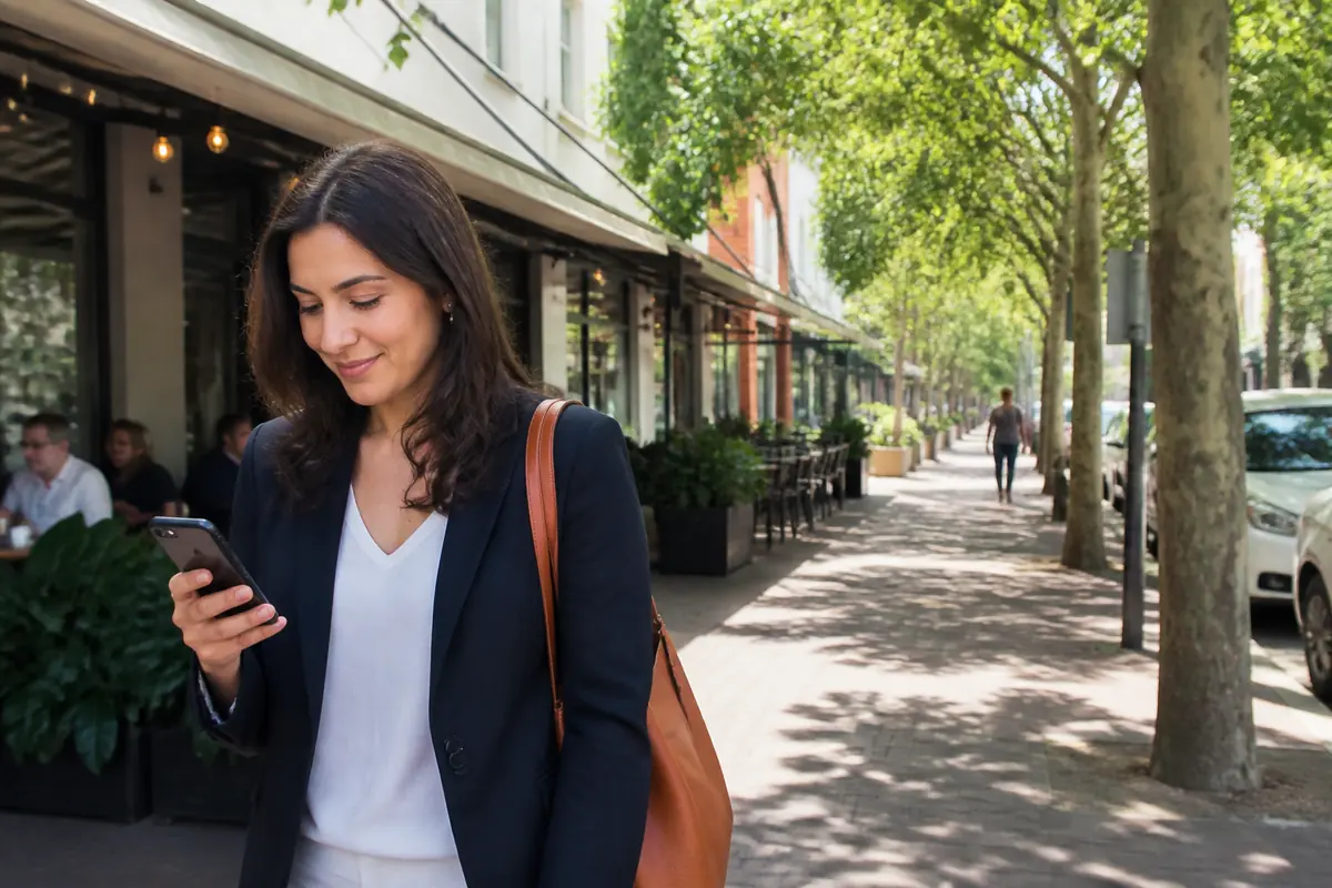 Professional woman using her phone outdoors in Parramatta, Melbourne