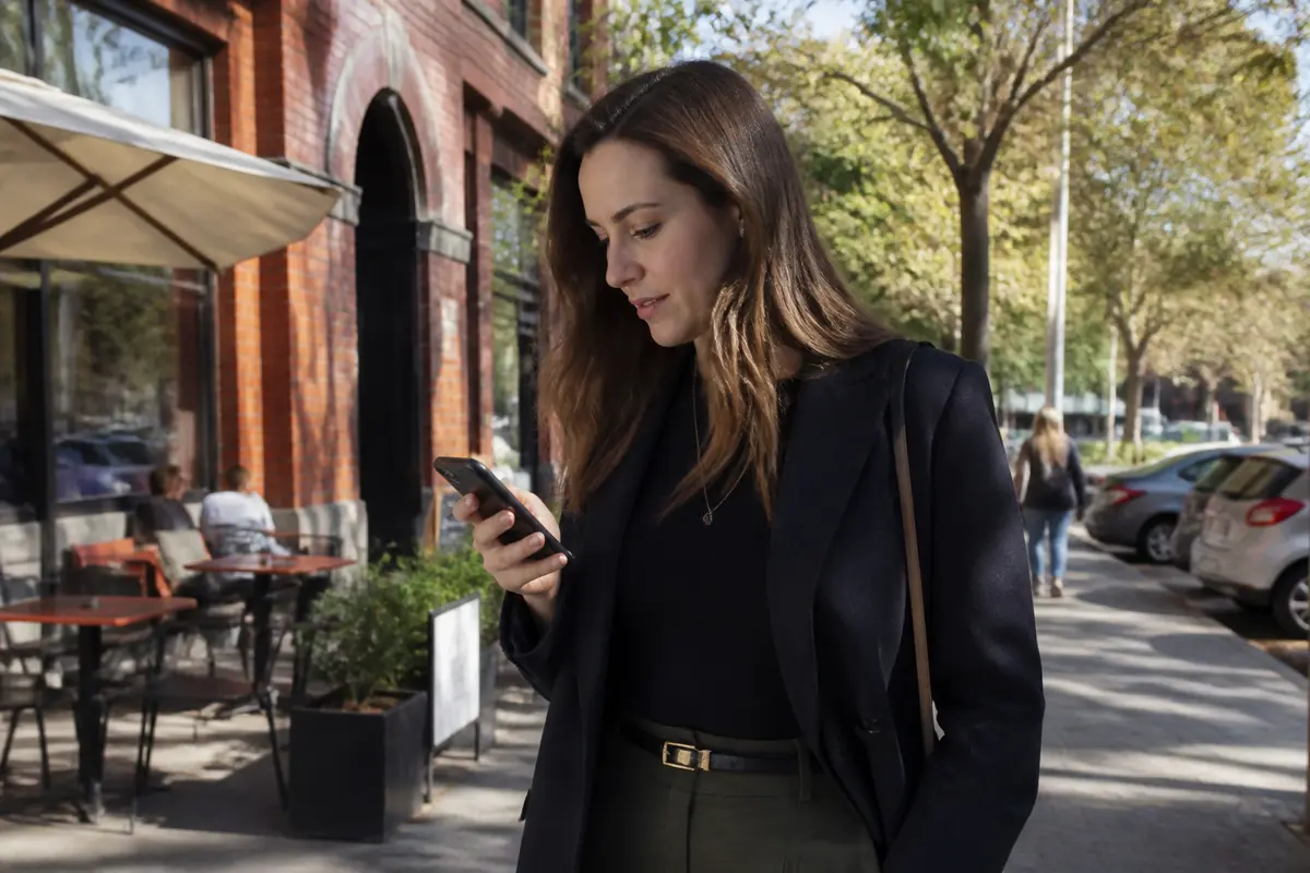Professional woman using her phone outdoors in Pascoe Vale, Melbourne