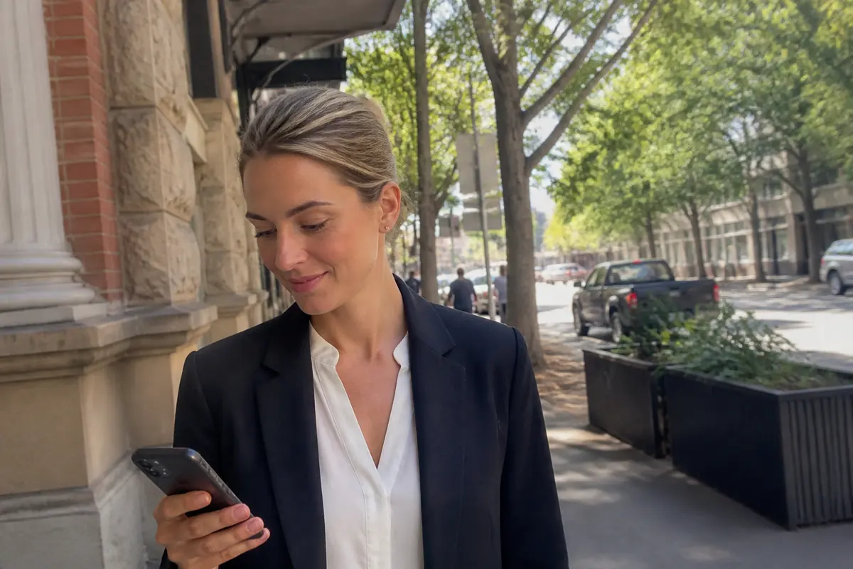 Professional woman using her phone outdoors in Penrith, Melbourne