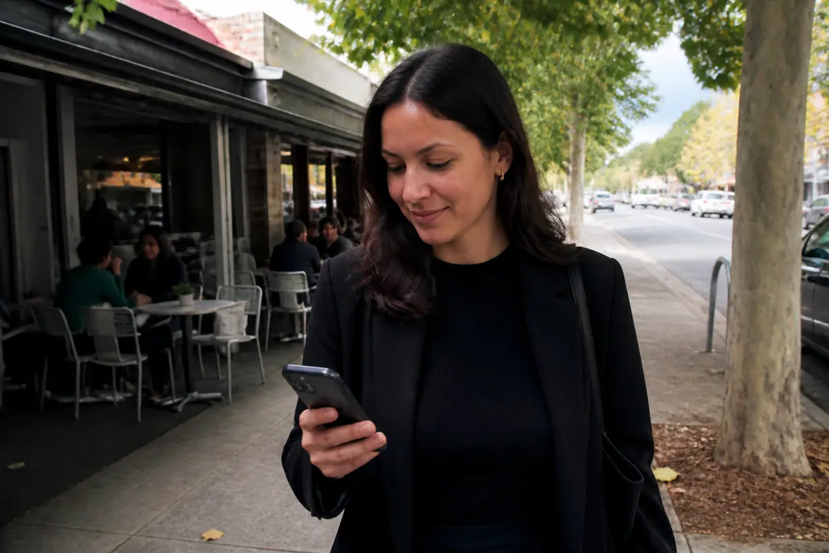 Professional woman using her phone outdoors in Preston, Melbourne