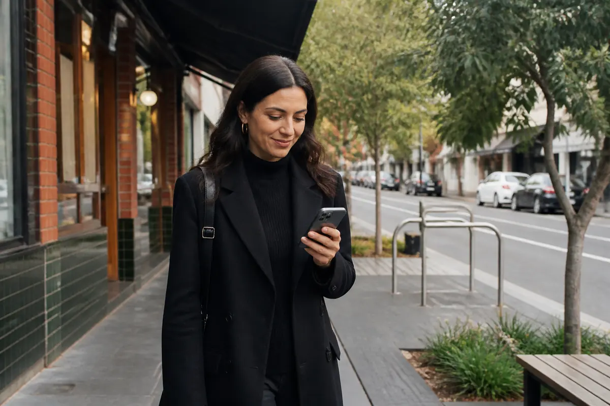 Professional woman using her phone outdoors in Rockdale, Melbourne