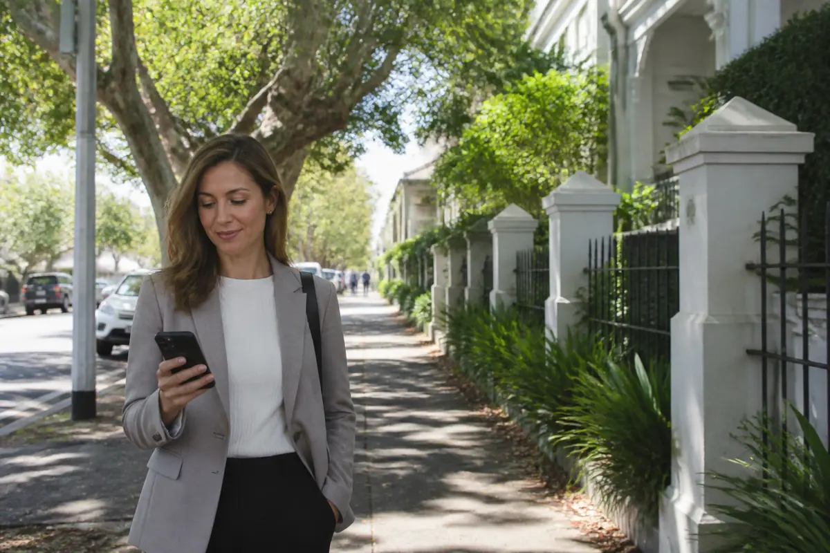 Professional woman using her phone outdoors in Rose Bay, Melbourne