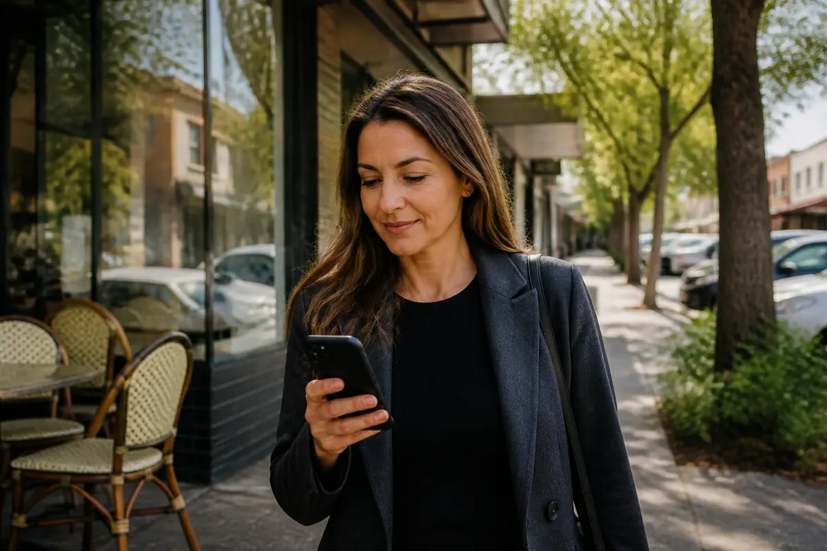 Professional woman using her phone outdoors in Ryde, Melbourne