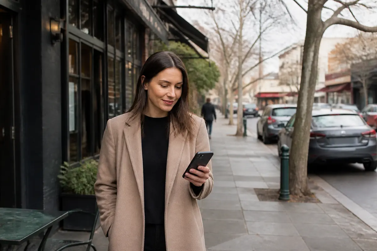 Professional woman using her phone outdoors in South Yarra, Melbourne
