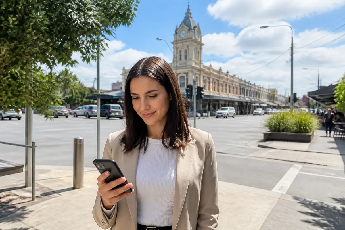 Professional woman using her phone outdoors in Sunshine, Melbourne
