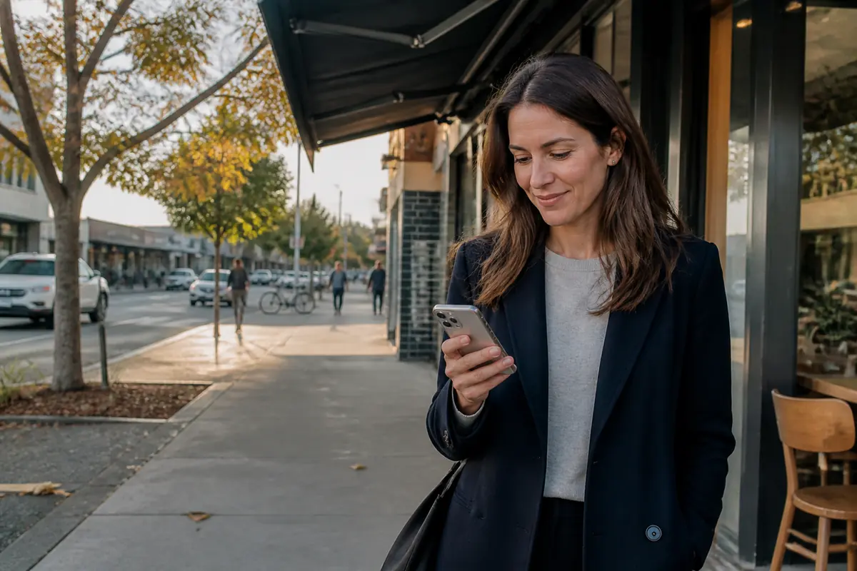 Professional woman using her phone outdoors in Sutherland Shire, Melbourne