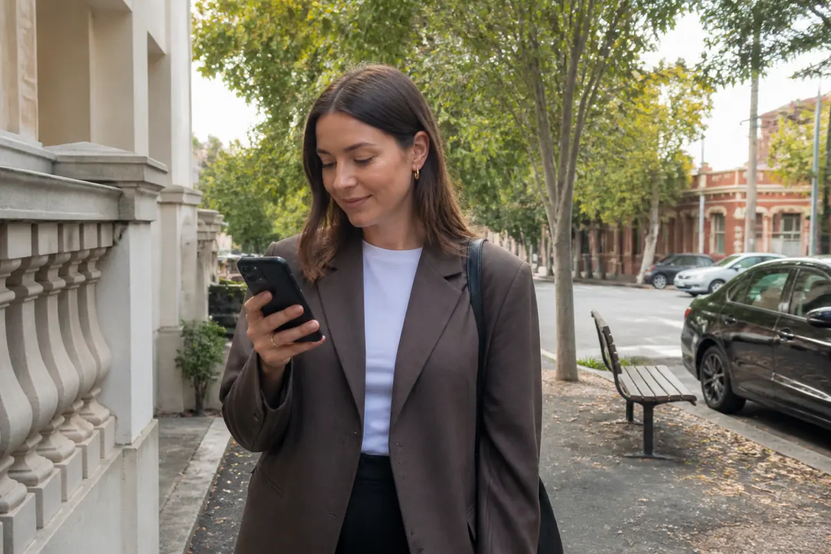 Professional woman using her phone outdoors in Vaucluse, Melbourne