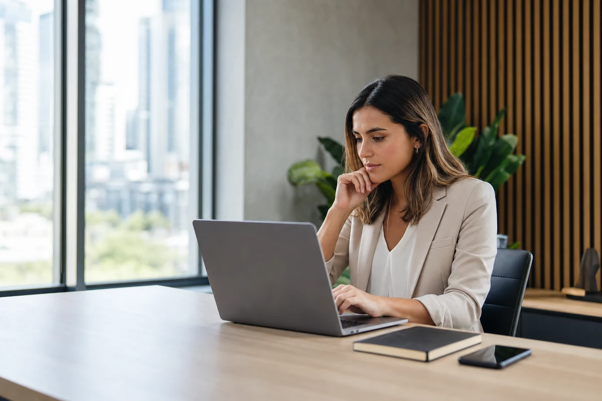 Young professional woman reviewing SEO AEO and GEO search strategy on a laptop
