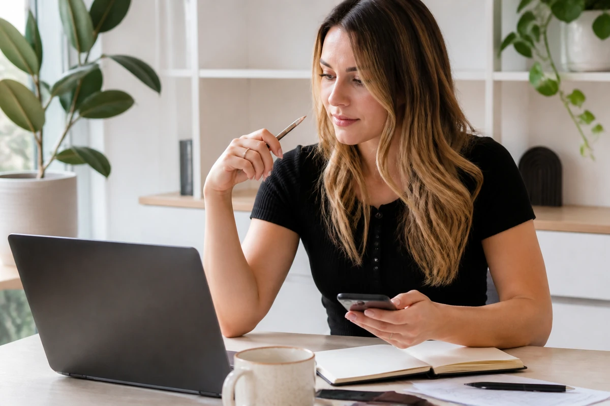 Young businesswoman comparing SEO and Google Ads costs while working on a laptop