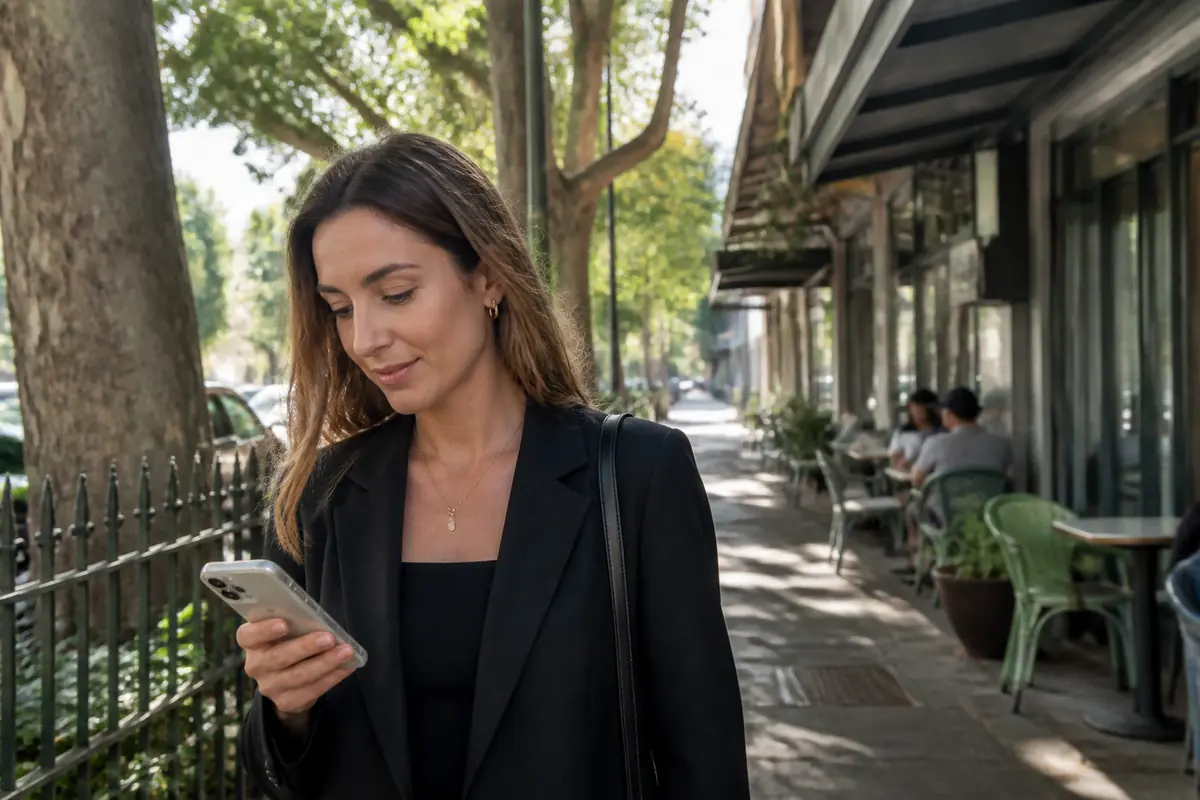 Professional woman using her phone outdoors in Woollahra, Melbourne