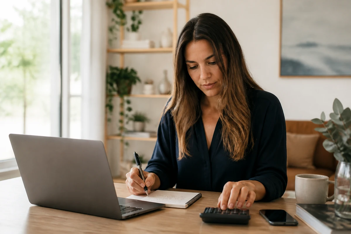 Young small business owner planning an SEO budget on a laptop with notes on the desk