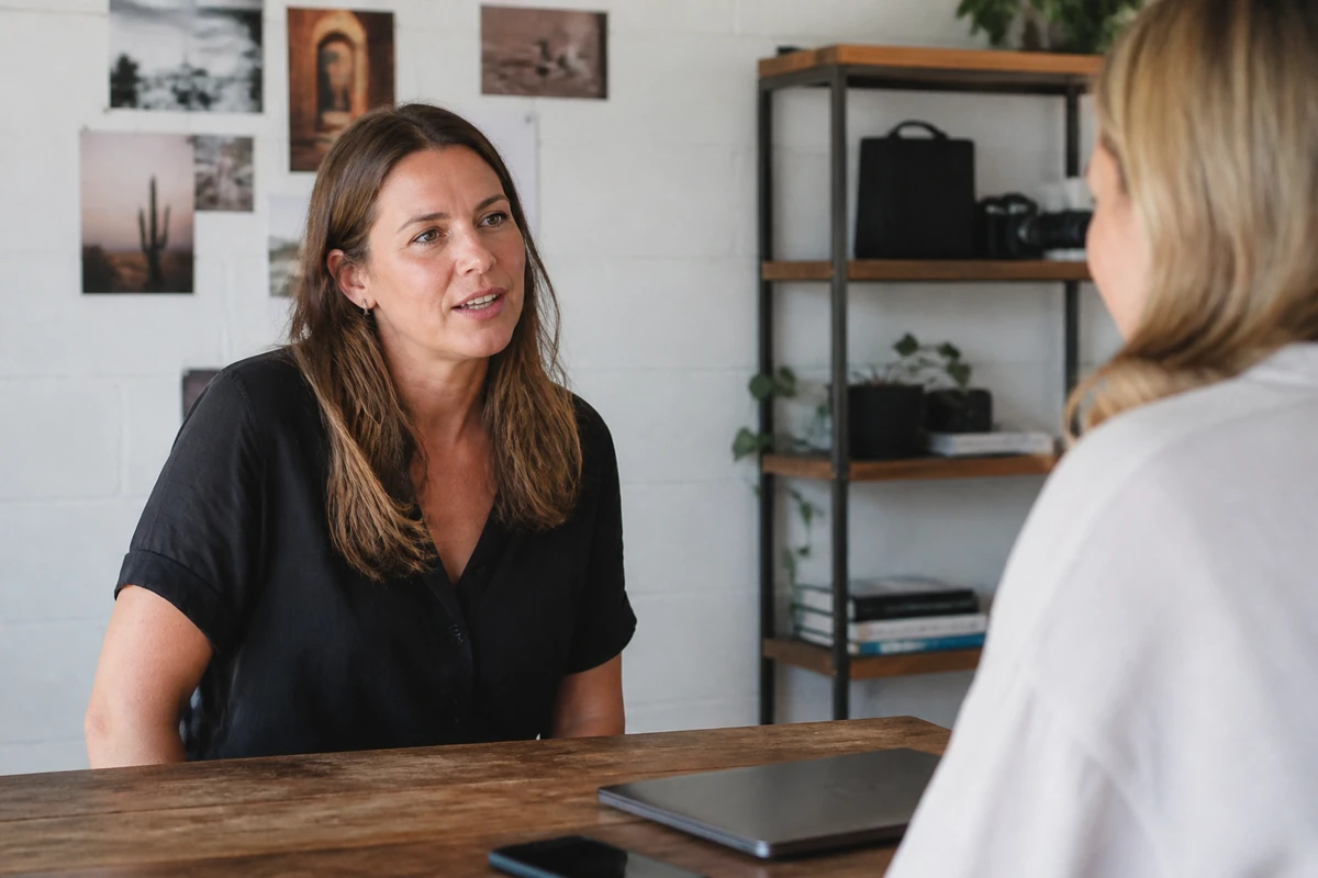 Average Australian small business owner in a realistic local business setting having a natural conversation related to the article topic, no