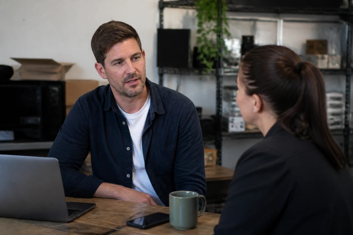 Average Australian small business owner in a realistic local business setting having a natural conversation related to the article topic, no