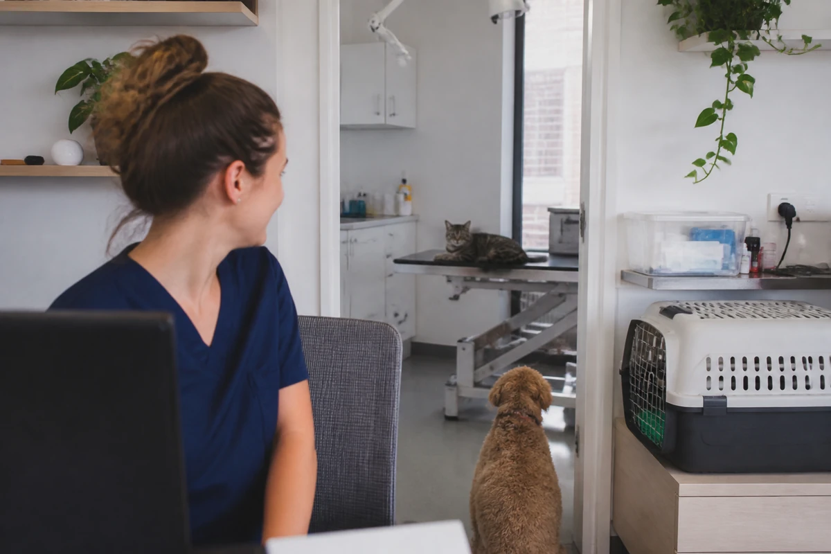 Veterinary clinic workspace with staff member and dog nearby