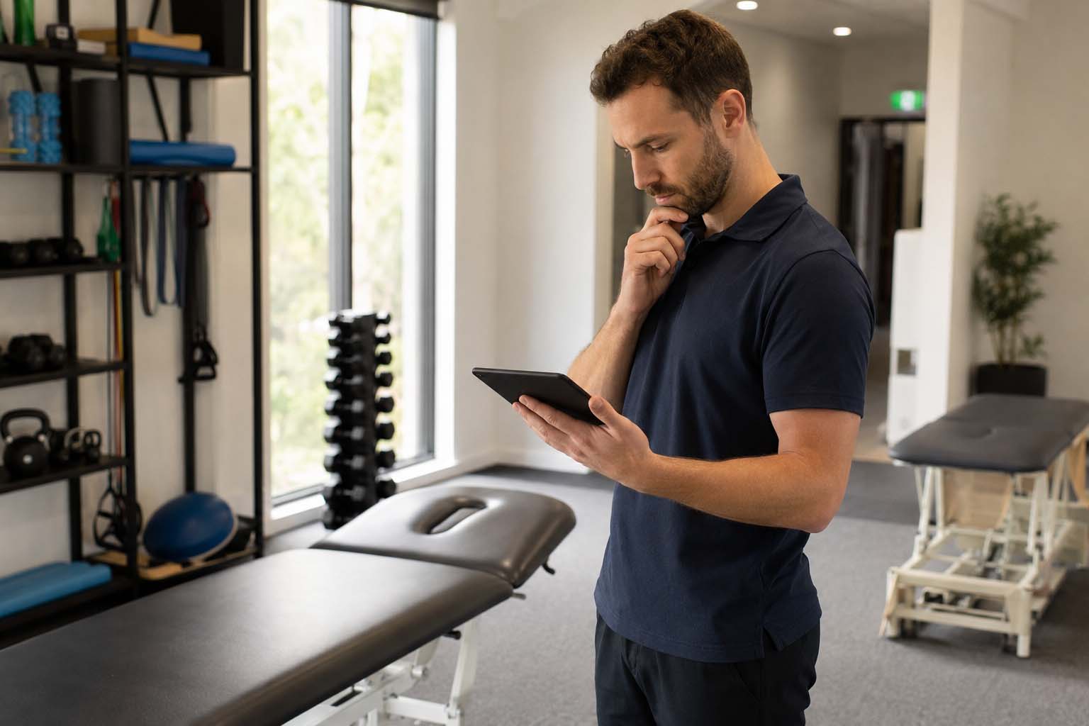 Physio clinic team member reviewing enquiry notes near a treatment table