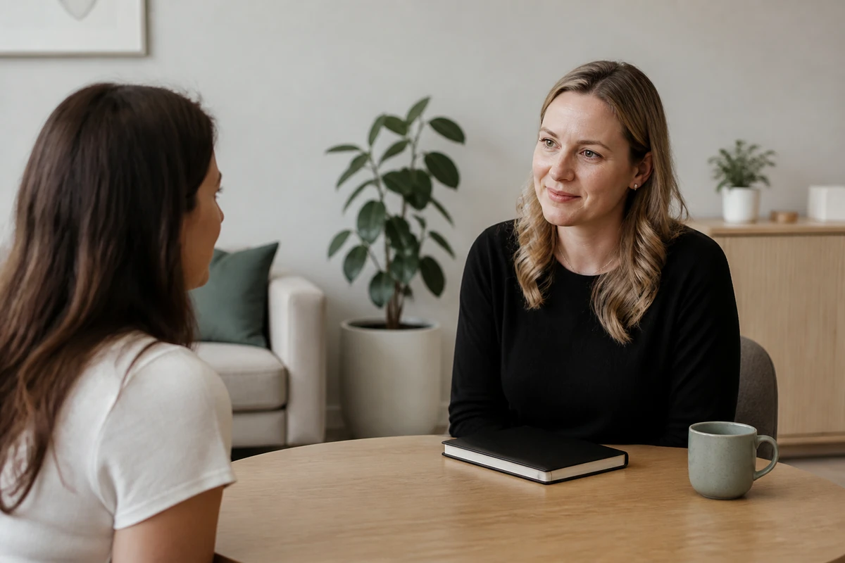 Australian small business owner reviewing a simple budget conversation with a consultant, notebook, no calculator close-up
