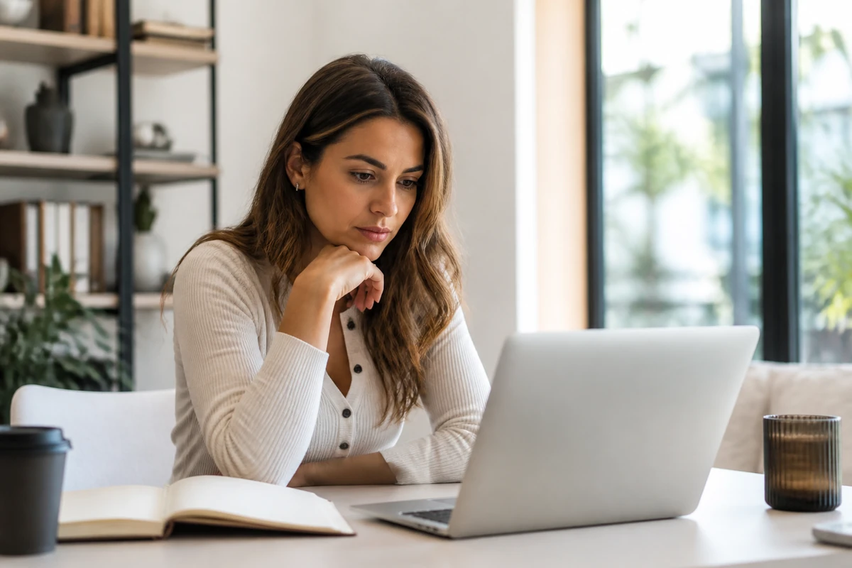 Young woman reviewing an SEO quote on a laptop before signing with an agency